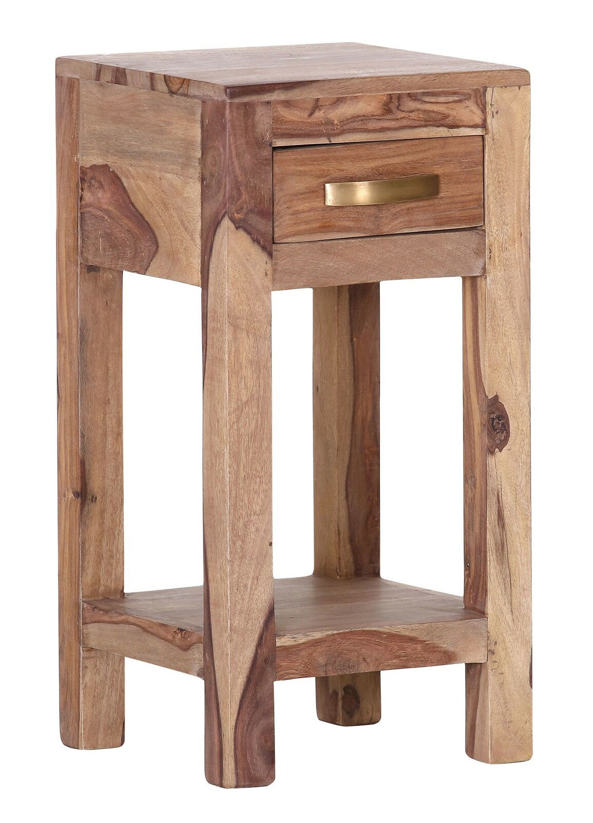 Beistellkonsole aus Holz mit Schublade und goldfarbenem Griff, seitliche Perspektive