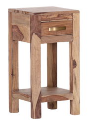 Beistellkonsole aus Holz mit Schublade und goldfarbenem Griff, seitliche Perspektive