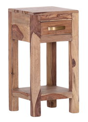 Beistellkonsole aus Holz mit Schublade und goldfarbenem Griff, seitliche Perspektive