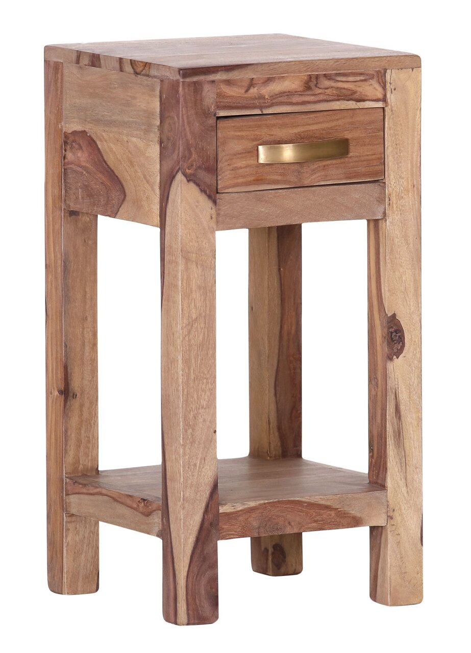 Beistellkonsole aus Holz mit Schublade und goldfarbenem Griff, seitliche Perspektive