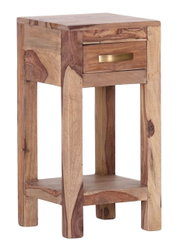 Beistellkonsole aus Holz mit Schublade und goldfarbenem Griff, seitliche Perspektive