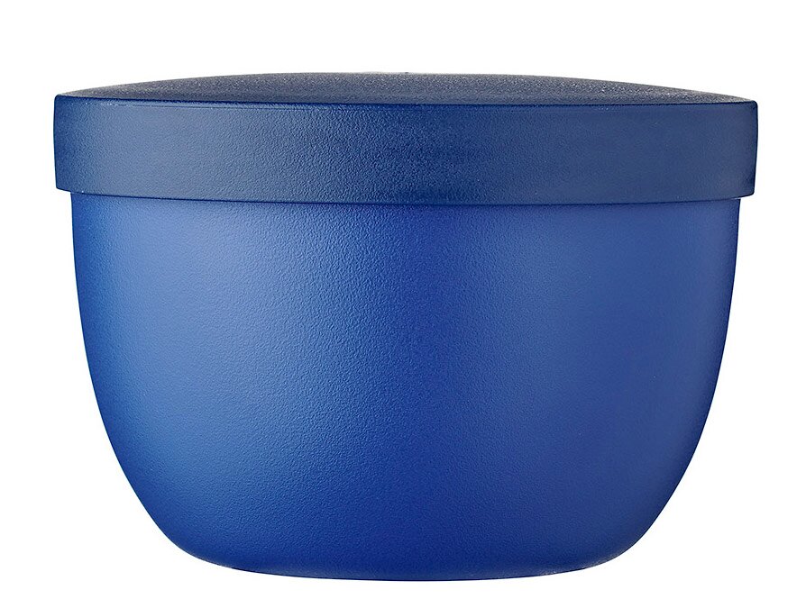 Blauer Snackpot mit Deckel, seitliche Ansicht