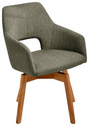 Moderner Sessel mit grauem Stoffbezug und Holzbeinen, seitliche Perspektive