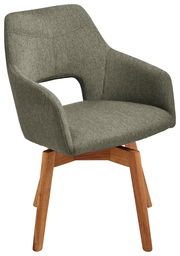 Moderner Sessel mit grauem Stoffbezug und Holzbeinen, seitliche Perspektive