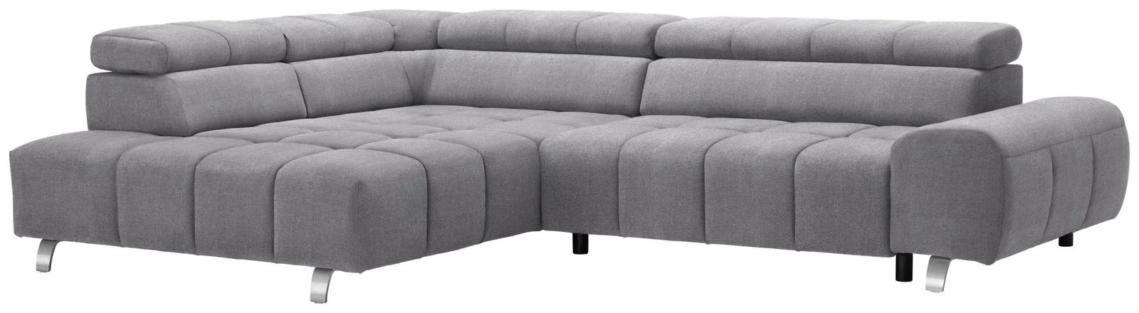 Graues Ecksofa mit Ottomane links, moderne Polsterung und verstellbaren Kopfstützen, Perspektive von vorne links