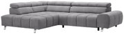 Graues Ecksofa mit Ottomane links, moderne Polsterung und verstellbaren Kopfstützen, Perspektive von vorne links