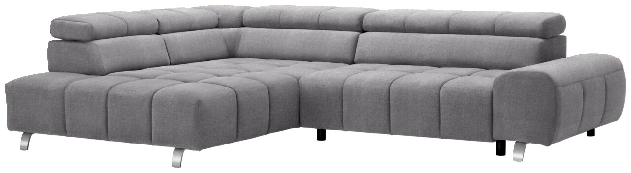 Graues Ecksofa mit Ottomane links, moderne Polsterung und verstellbaren Kopfstützen, Perspektive von vorne links
