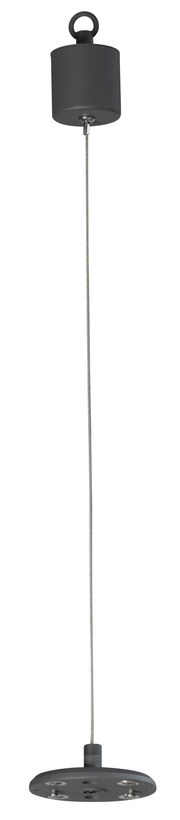 Pendelhalterung für Akku-Windlicht, seitliche Perspektive, bestehend aus einem zylindrischen oberen Teil mit Aufhängering, verbunden durch ein Kabel mit einer runden Basis.