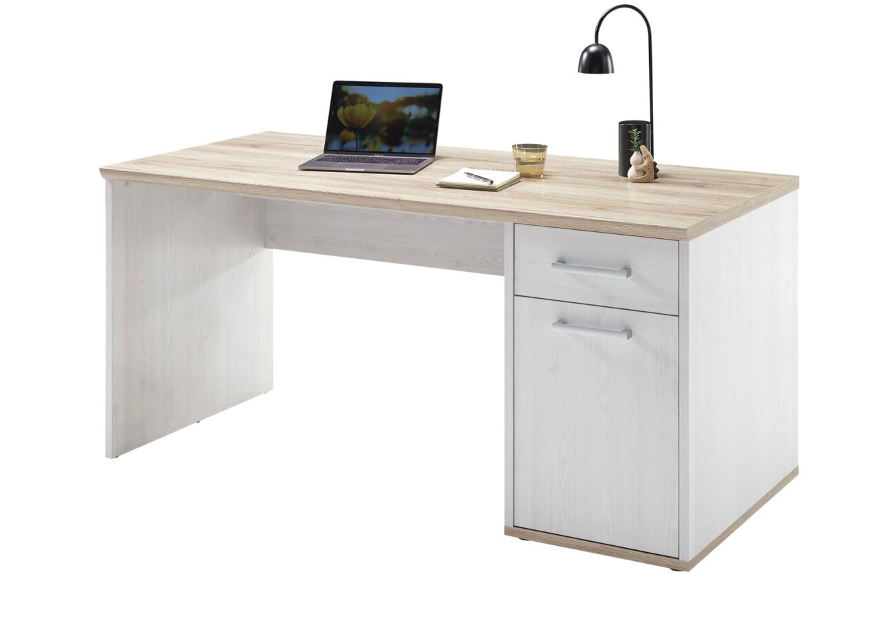 Moderner Schreibtisch mit Holzoberfläche, Laptop, Lampe und Notizbuch, seitliche Perspektive