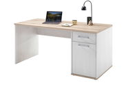 Moderner Schreibtisch mit Holzoberfläche, Laptop, Lampe und Notizbuch, seitliche Perspektive