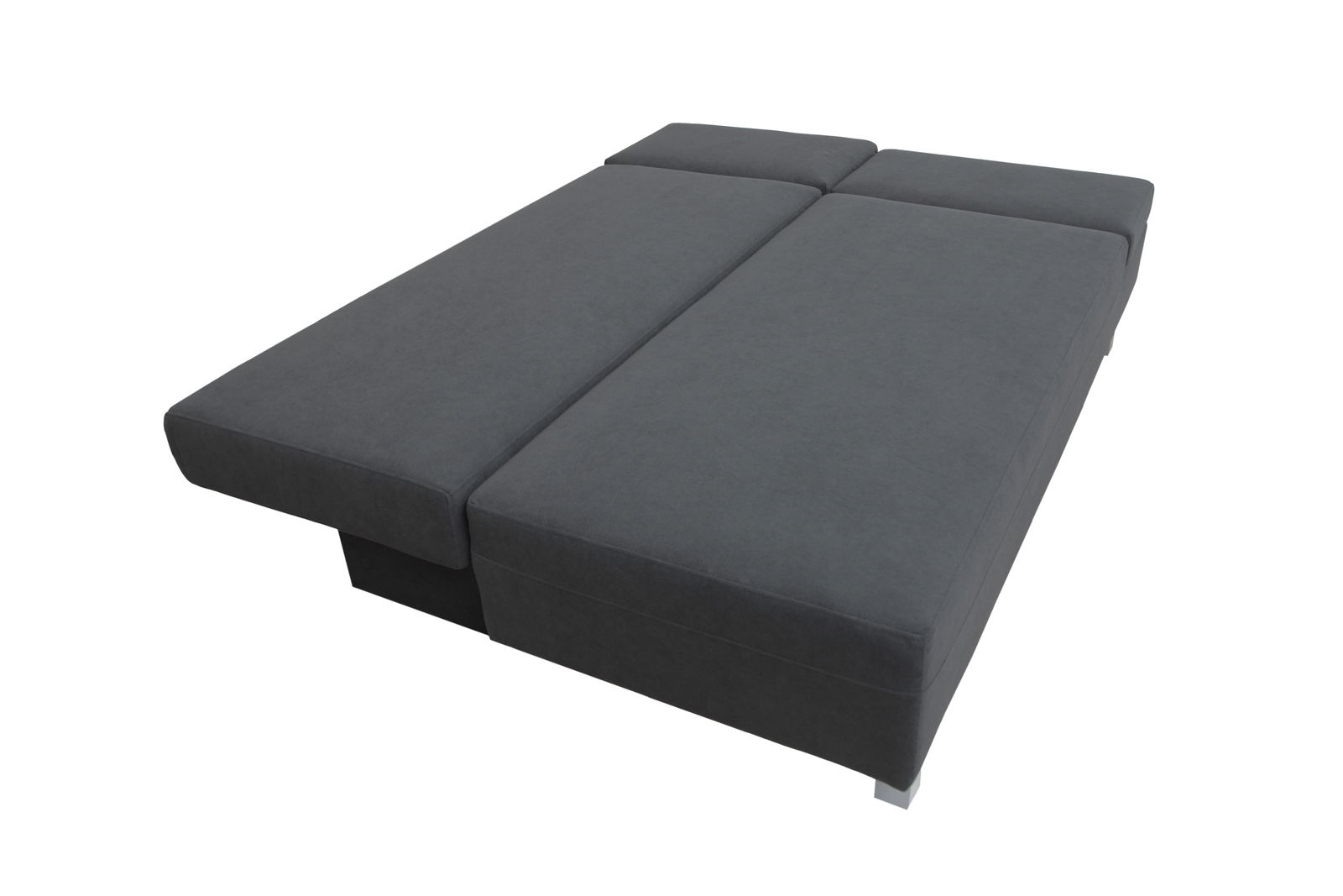 Graues Funktionssofa in ausgeklappter Position, von schräg oben betrachtet.