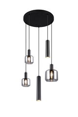 Moderne Pendelleuchte mit fünf hängenden Leuchten in verschiedenen Formen und Größen, aus schwarzem Metall und klarem Glas, von unten betrachtet.