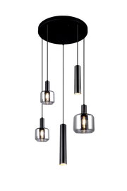 Moderne Pendelleuchte mit fünf hängenden Leuchten in verschiedenen Formen und Größen, aus schwarzem Metall und klarem Glas, von unten betrachtet.