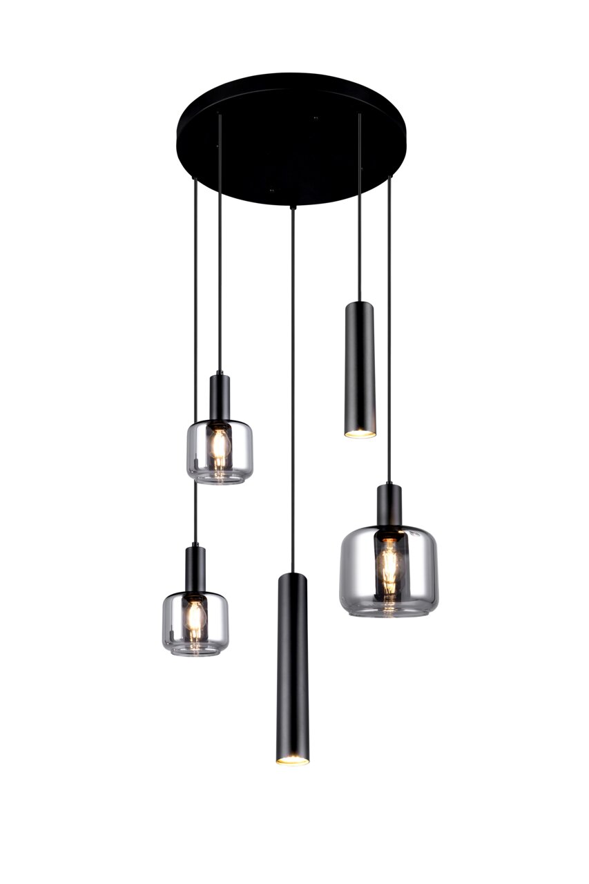 Moderne Pendelleuchte mit fünf hängenden Leuchten in verschiedenen Formen und Größen, aus schwarzem Metall und klarem Glas, von unten betrachtet.