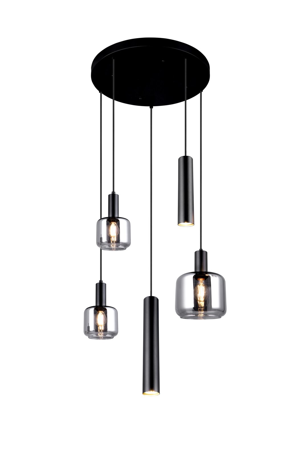Moderne Pendelleuchte mit fünf hängenden Leuchten in verschiedenen Formen und Größen, aus schwarzem Metall und klarem Glas, von unten betrachtet.