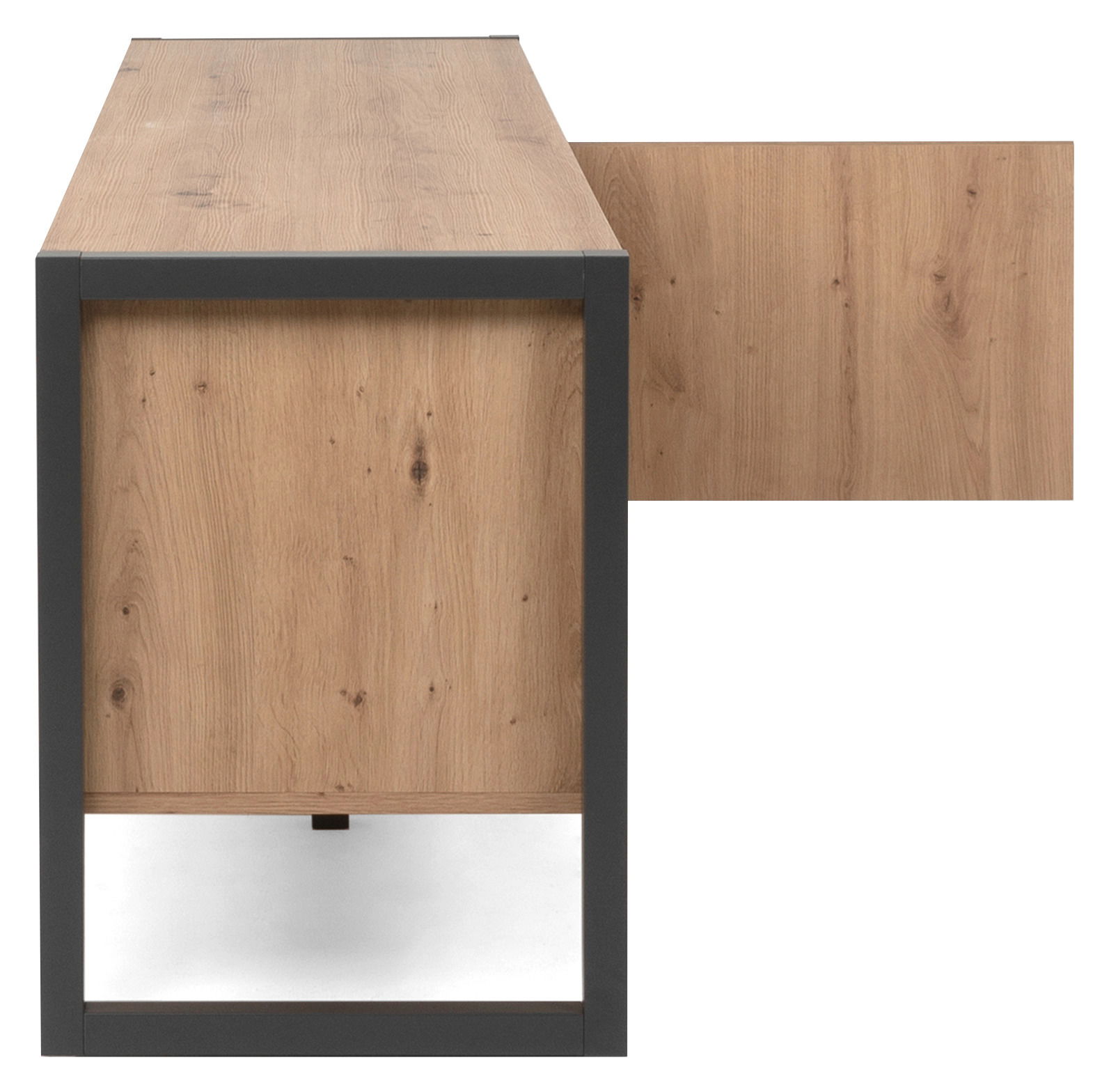 Seitenansicht eines TV-Lowboards aus Holz mit Metallrahmen.