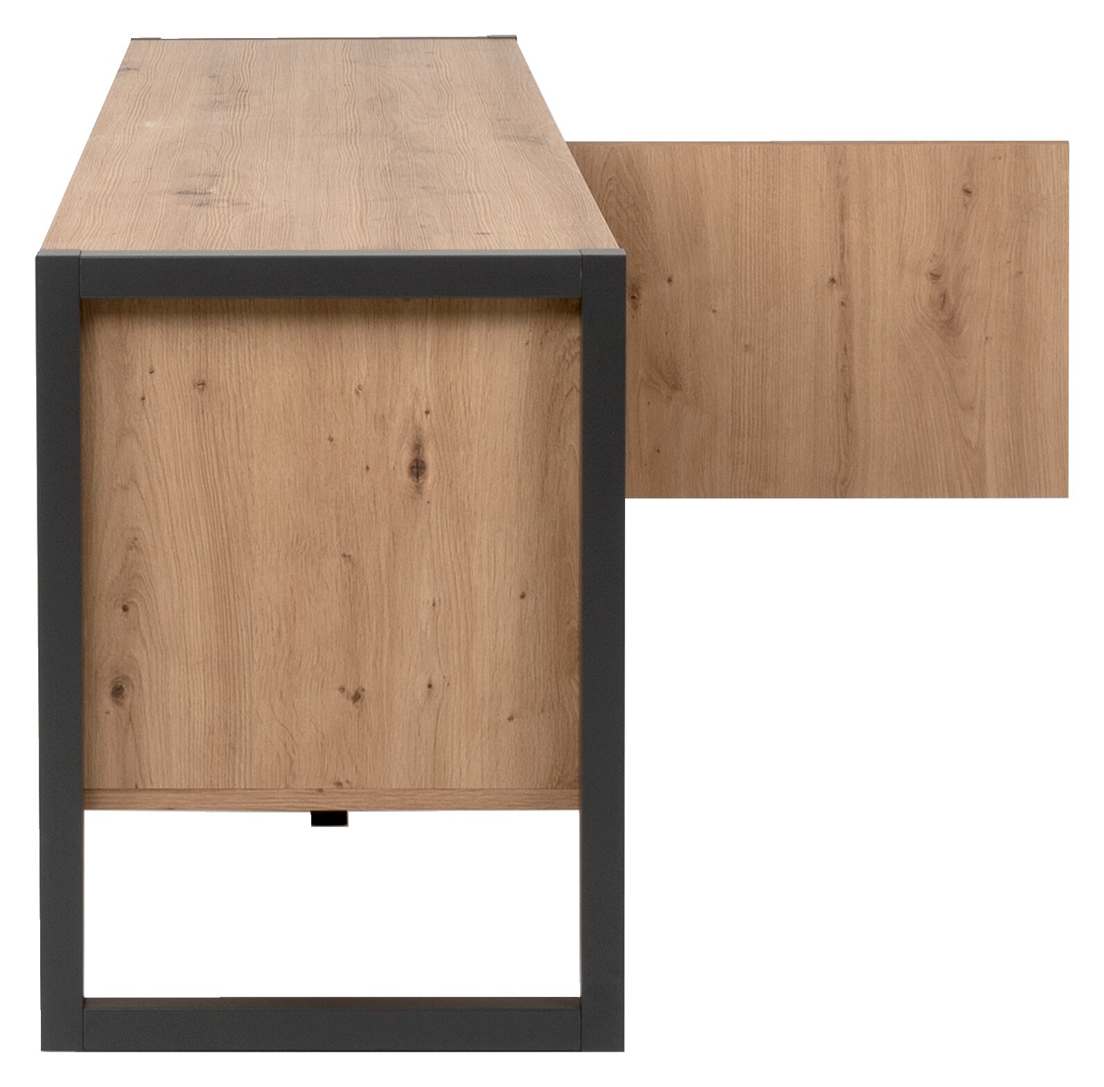 Seitenansicht eines TV-Lowboards aus Holz mit Metallrahmen.
