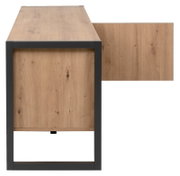 Seitenansicht eines TV-Lowboards aus Holz mit Metallrahmen.