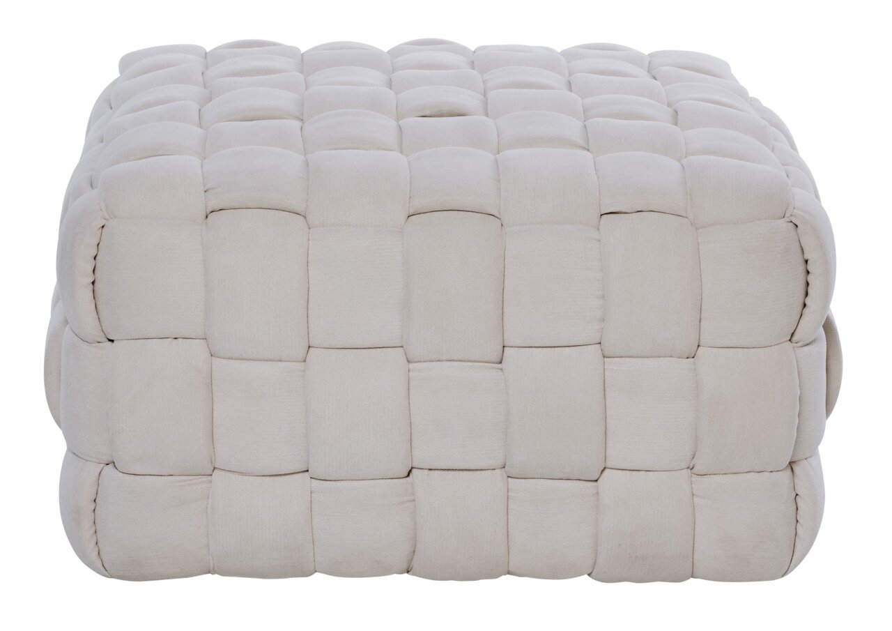 Beige, gestoffeerde poef met vierkant patroon, zijaanzicht