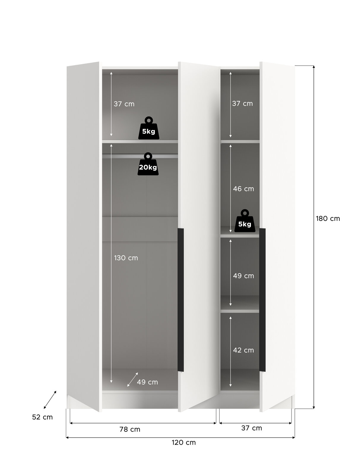 Weißer dreitüriger Kleiderschrank mit geöffneten Türen, Innenaufteilung mit Kleiderstange und Regalböden sowie Maßangaben (120×180×52 cm) und Belastungsangaben, Frontansicht.
