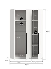 Weißer dreitüriger Kleiderschrank mit geöffneten Türen, Innenaufteilung mit Kleiderstange und Regalböden sowie Maßangaben (120×180×52 cm) und Belastungsangaben, Frontansicht.
