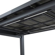 Unteransicht eines ausziehbaren Gartentisches mit robustem Metallrahmen und Holzoptik.