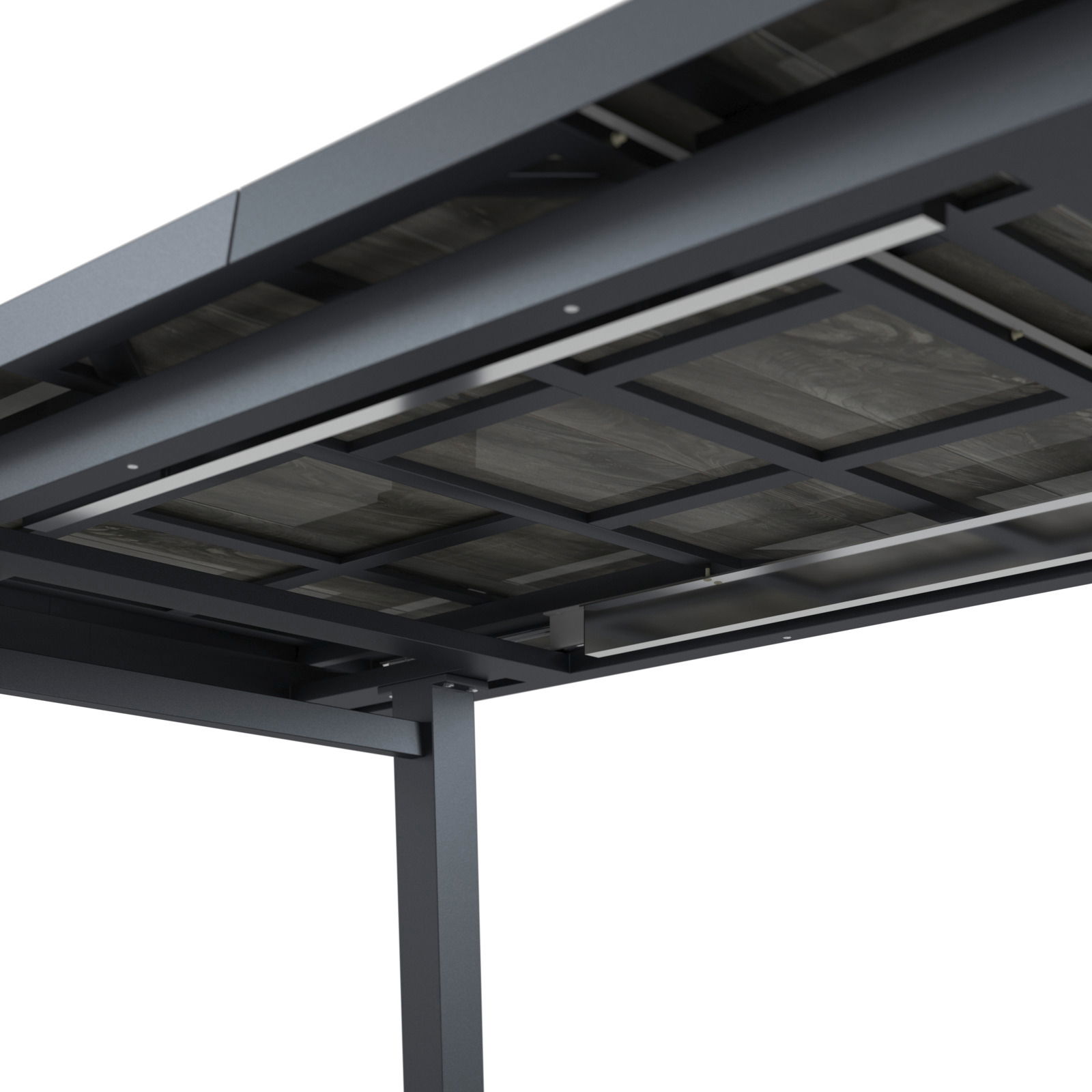 Unteransicht eines ausziehbaren Gartentisches mit robustem Metallrahmen und Holzoptik.