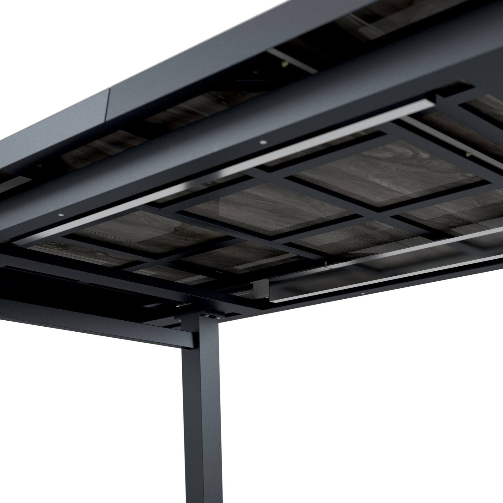 Onderaanzicht van een uitschuifbare tuintafel met een stevig metalen frame en een houtlook.