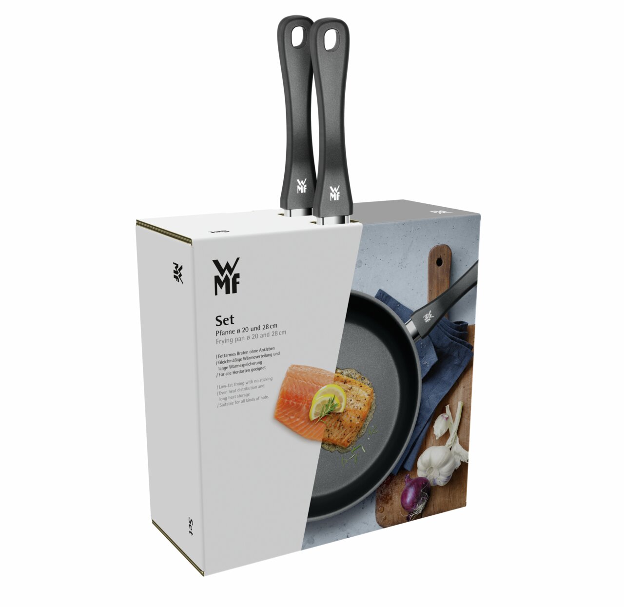 Pfannen-Set 2-teilig 20 und 28 cm von WMF, Verpackung mit sichtbaren Pfannengriffen, Perspektive von vorne rechts