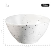 Weiße, gesprenkelte Keramikschüssel (720 ml), Produktfoto in leicht schräger Frontansicht von oben; ca. 15,5 cm Durchmesser und 5,5 cm Höhe, Hinweis: 4er-Set.