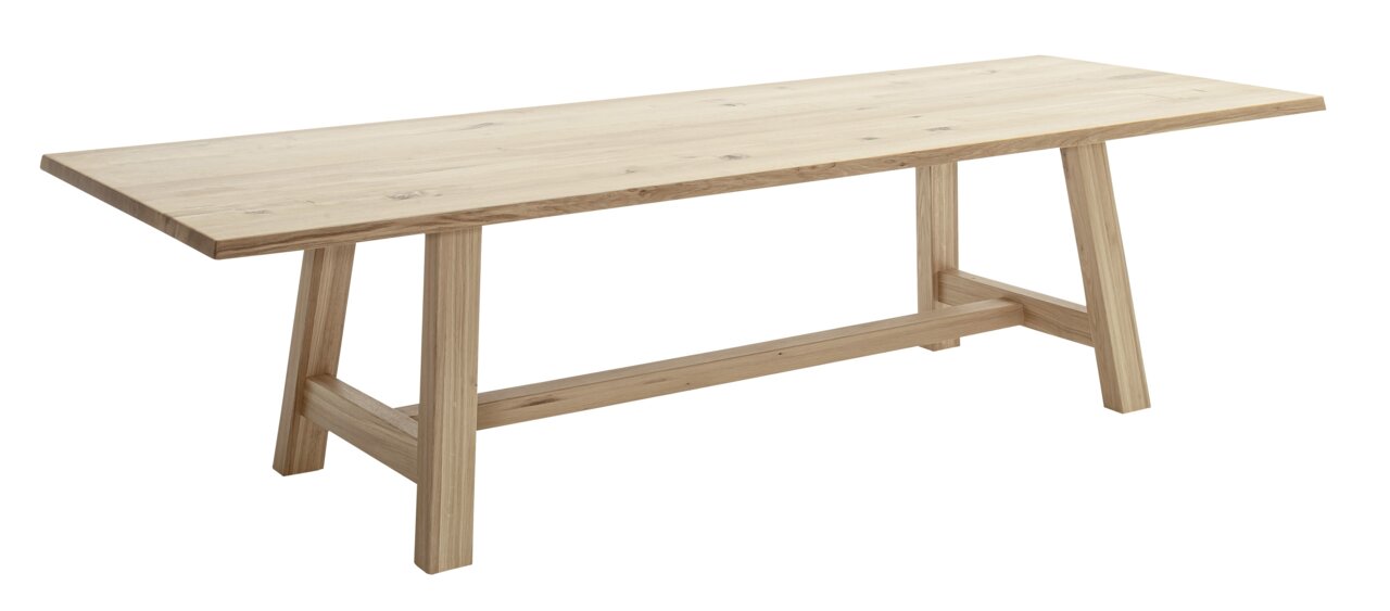 Houten tafel met rechthoekig tafelblad en stevige poten, zijaanzicht