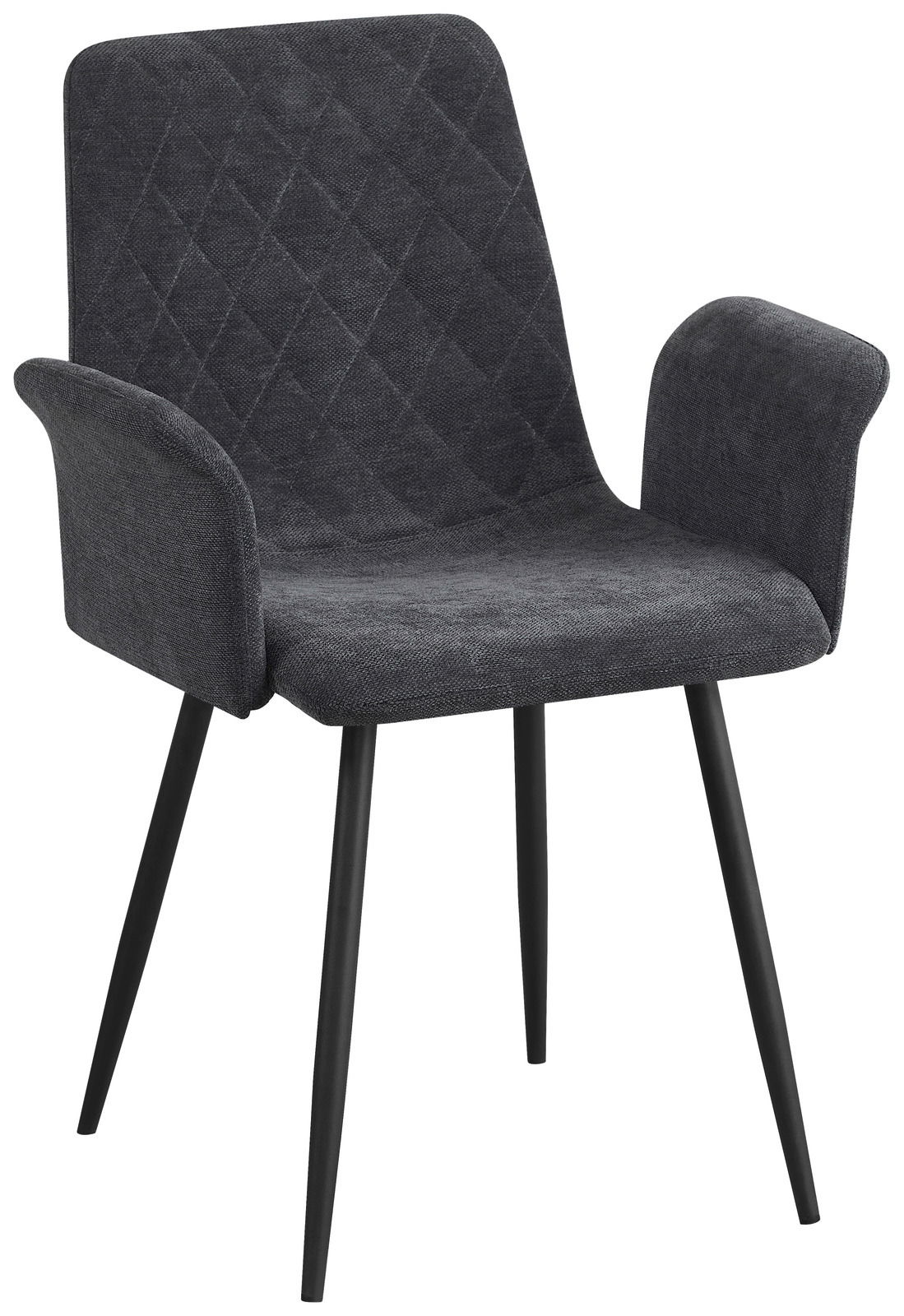 Grauer Armlehnstuhl mit gepolstertem Sitz und Rückenlehne, schwarzes Metallgestell, seitliche Perspektive