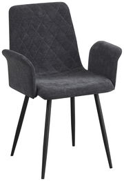 Grauer Armlehnstuhl mit gepolstertem Sitz und Rückenlehne, schwarzes Metallgestell, seitliche Perspektive