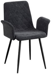 Grijze fauteuil met gestoffeerde zitting en rugleuning, zwart metalen frame, zijaanzicht