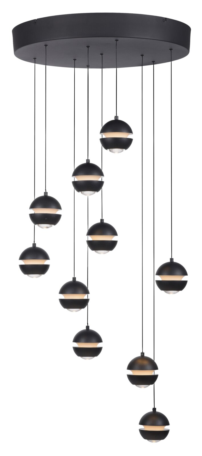 Moderne zwarte hanglamp met meerdere lampen, voorzien van een ronde plafondplaat en tien bolvormige lampen, gezien vanaf de voorkant tegen een studioachtergrond