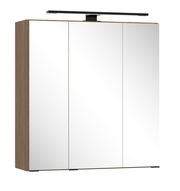 Moderner Spiegelschrank mit drei Türen und Holzrahmen, seitliche Perspektive