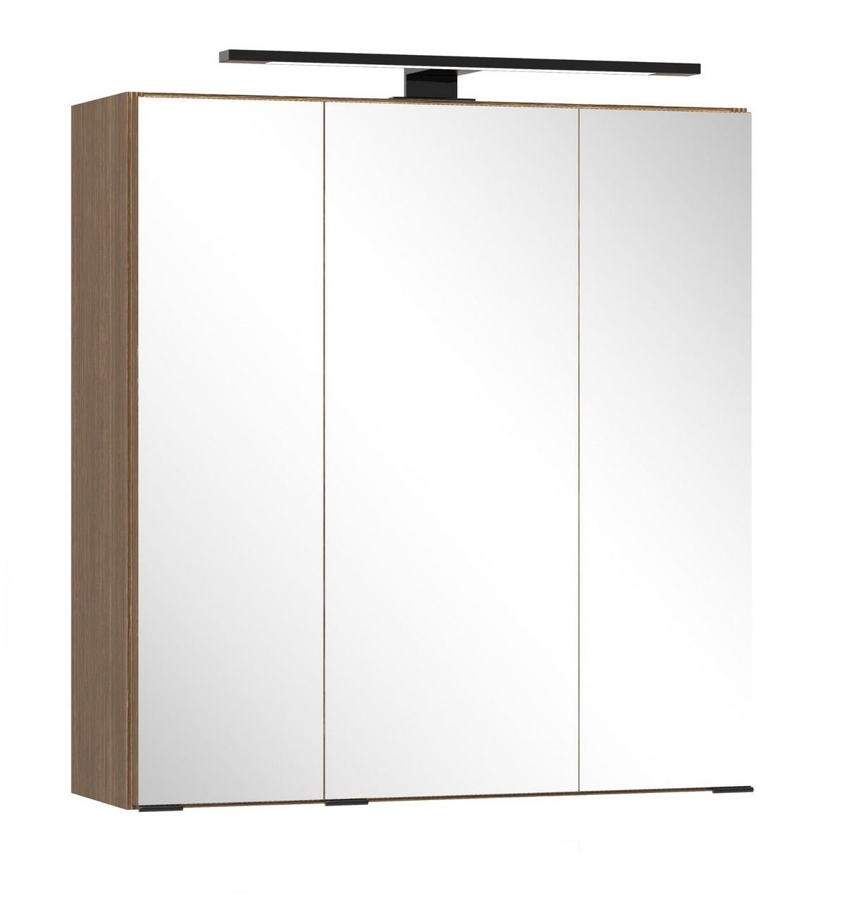 Moderner Spiegelschrank mit drei Türen und Holzrahmen, seitliche Perspektive