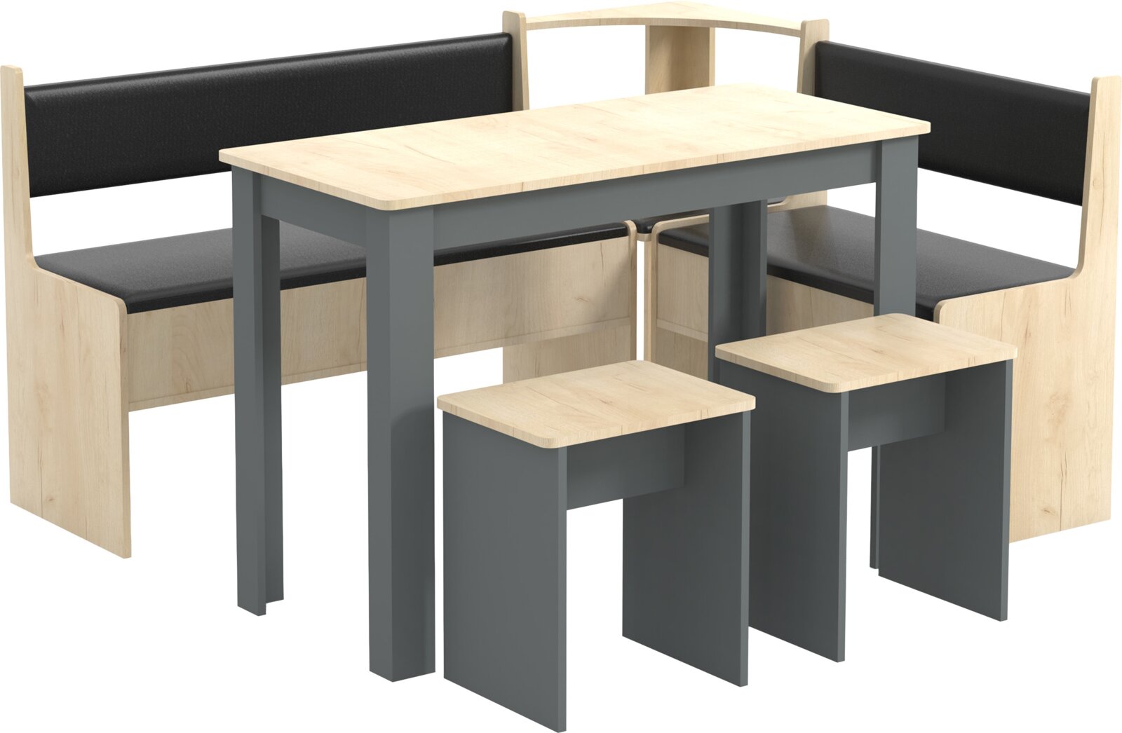 Essgruppe mit rechteckigem Tisch (helle Holzplatte, graues Gestell), Eckbank und zwei Hockern in Schwarz und Naturholz, freigestellt auf Weiß, Ansicht schräg von vorn oben