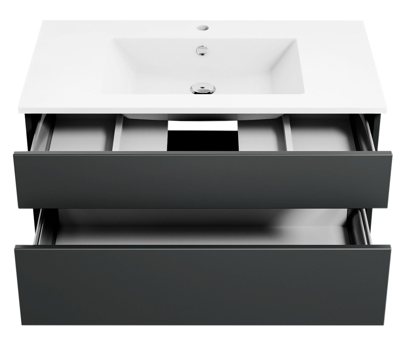 Moderne Badkombination mit weißem Waschbecken und zwei offenen Schubladen, Ansicht von vorne.