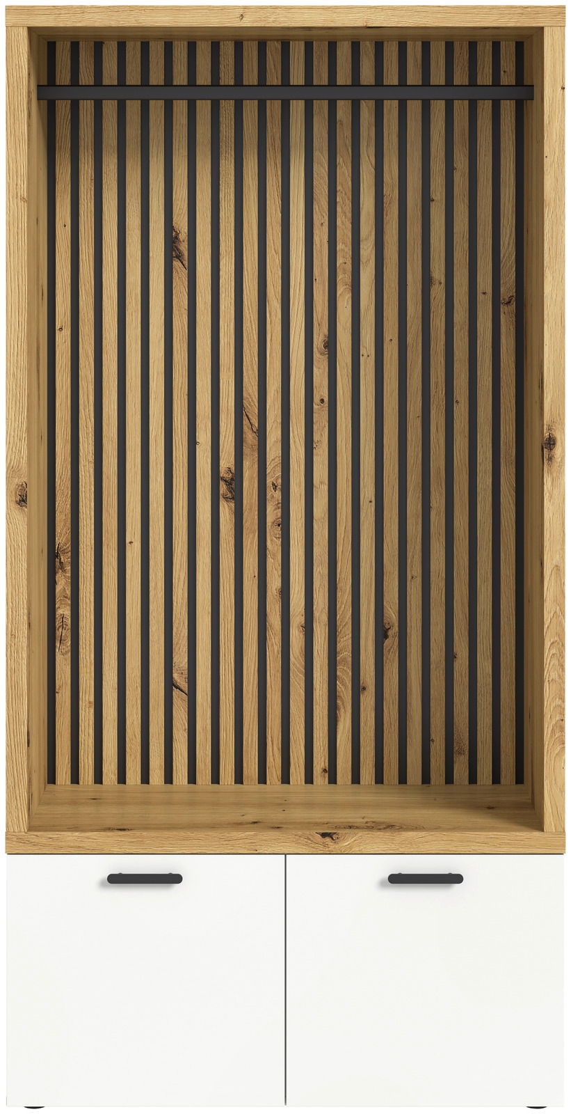 Frontansicht einer Kompaktgarderobe mit Holzrahmen und vertikalen schwarzen Streben, darunter zwei weiße Schranktüren mit schwarzen Griffen.