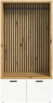 Frontansicht einer Kompaktgarderobe mit Holzrahmen und vertikalen schwarzen Streben, darunter zwei weiße Schranktüren mit schwarzen Griffen.