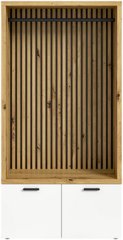 Frontansicht einer Kompaktgarderobe mit Holzrahmen und vertikalen schwarzen Streben, darunter zwei weiße Schranktüren mit schwarzen Griffen.