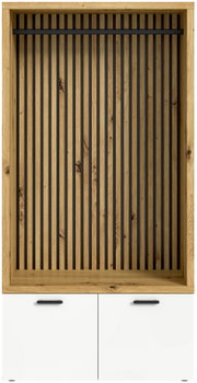 Vooraanzicht van een compacte kledingkast met houten frame en verticale zwarte spijlen, met daaronder twee witte kastdeuren met zwarte handgrepen.