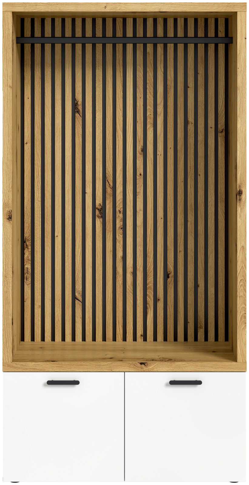 Vooraanzicht van een compacte kledingkast met houten frame en verticale zwarte spijlen, met daaronder twee witte kastdeuren met zwarte handgrepen.