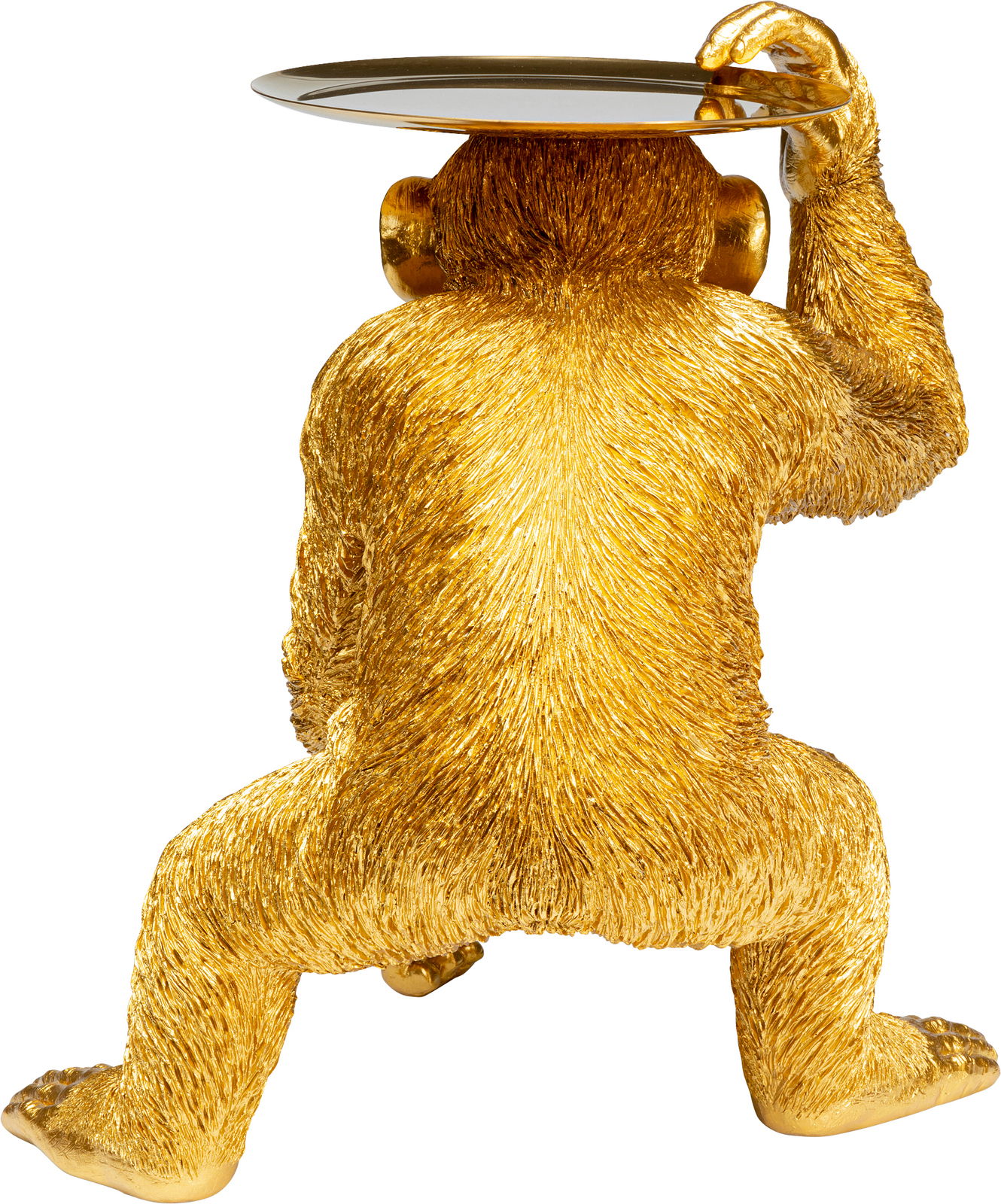 Goldene Deko-Figur eines sitzenden Schimpansen von hinten, der ein Tablett auf dem Kopf balanciert.