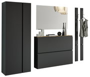 Modernes Garderobenset in Schwarz mit Schrank, Spiegel und Hakenleiste, seitliche Perspektive