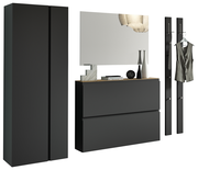 Modernes Garderobenset in Schwarz mit Schrank, Spiegel und Hakenleiste, seitliche Perspektive