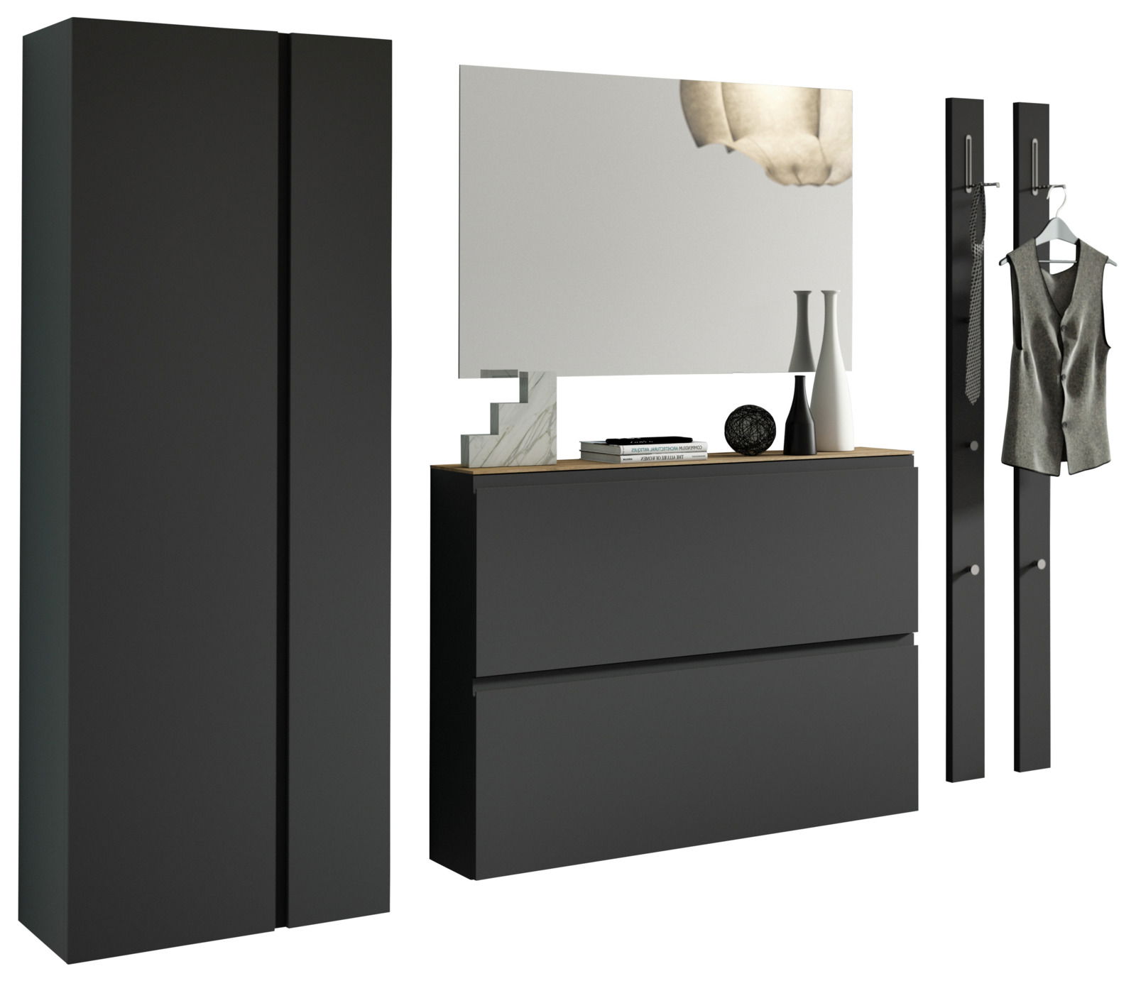 Moderano Garderoben-Set LECCO Modernes Garderobenset in Schwarz mit Schrank, Spiegel und Hakenleiste, seitliche Perspektive