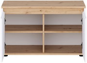 Offenes Sideboard mit weißem Korpus und Holzoptik-Deckplatte, innen zwei Regalböden und Mittelsteg, Frontansicht