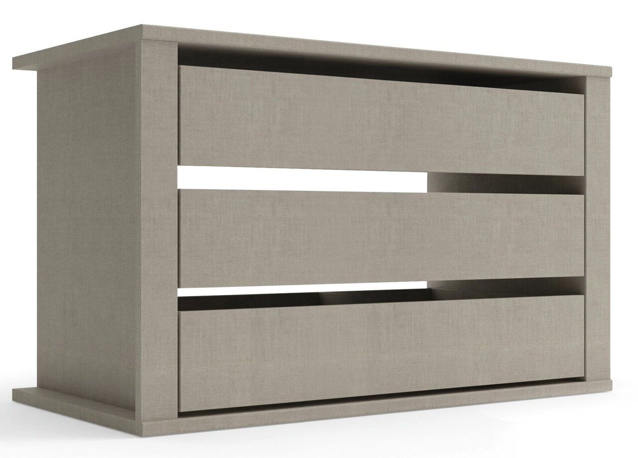 Schubkasteneinsatz aus Holz in seitlicher Perspektive mit drei offenen Fächern.